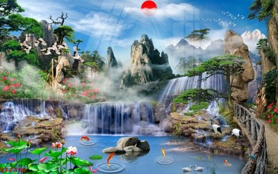 File gốc Tranh sơn thủy thác nước phong thủy ST2710 (in lụa) chi tiết cao