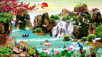 Ảnh gốc Tranh sơn thủy thác nước phong thủy ST2753 (độ nét cao) in tráng gương