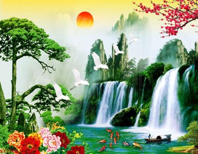 Hình ảnh file gốc in trần nhà Tranh sơn thủy thác nước phong thủy ST2764