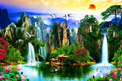 File tranh Tranh sơn thủy thác nước phong thủy ST2769 (gốc) in vải canvas