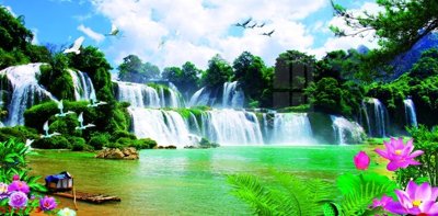 File gốc Tranh sơn thủy thác nước phong thủy ST2773 (in lụa) tranh phong thủy