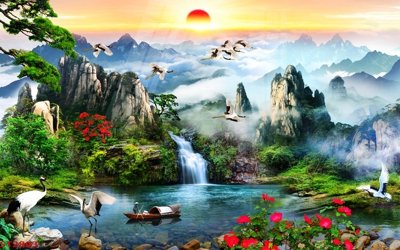 File tranh gốc Tranh sơn thủy thác nước phong thủy ST2803 chủ đề hiện đại