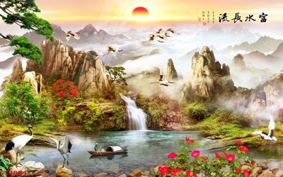 File gốc Tranh sơn thủy thác nước phong thủy ST2804 (AI/EPS) cho in ấn