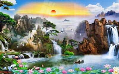 File tranh in trần Tranh sơn thủy thác nước phong thủy ST2834 (ảnh gốc siêu nét)