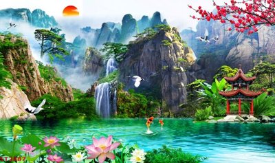 File gốc Tranh sơn thủy thác nước phong thủy ST2887 (trang trí) phòng làm việc