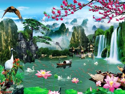 Tải file tranh gốc Tranh sơn thủy thác nước phong thủy ST2909 chất lượng cao