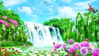 File gốc Tranh sơn thủy thác nước phong thủy ST2910 (in tráng gương) ốp tường