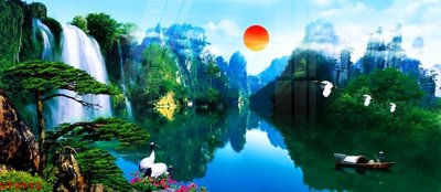 File gốc Tranh sơn thủy thác nước phong thủy ST2912 (in 3D) nghệ thuật