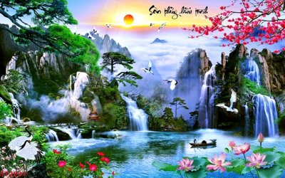 File tranh Tranh sơn thủy thác nước phong thủy ST2937 (gốc) phong cách tối giản