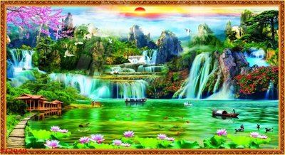 File PSD Tranh sơn thủy thác nước phong thủy ST2949 (gốc) nhiều lớp (multi-layer)