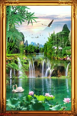 File gốc Tranh sơn thủy thác nước phong thủy ST2956 (in tráng gương) ốp tường