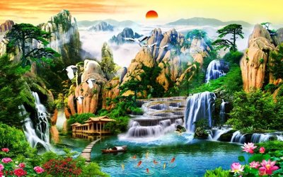 Tải file Tranh sơn thủy thác nước phong thủy ST2971 (gốc) làm file quảng cáo