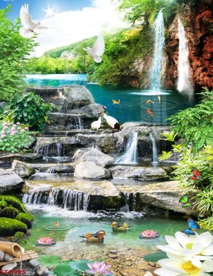 File gốc Tranh sơn thủy thác nước phong thủy ST2995 (in 3D) cho trang trí