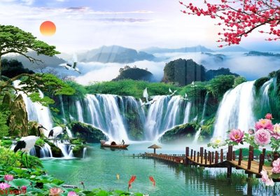 File tranh Tranh sơn thủy thác nước phong thủy ST3009 (gốc) in trên kính