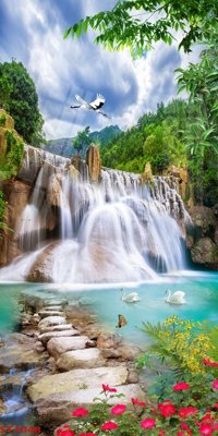 Tải file gốc in lụa Tranh sơn thủy thác nước phong thủy ST3048 siêu nét