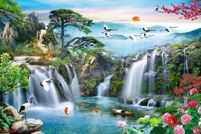 File in ấn Tranh sơn thủy thác nước phong thủy ST3051 chuyên nghiệp