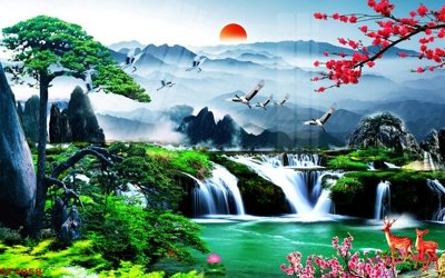 Tải file Tranh sơn thủy thác nước phong thủy ST3058 (ảnh gốc) in gạch 3D