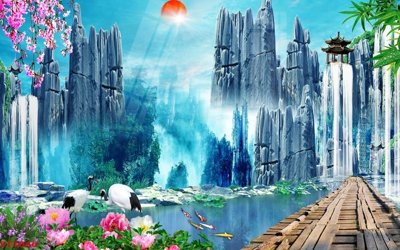 Ảnh mô tả file gốc in mica Tranh sơn thủy thác nước phong thủy ST3066