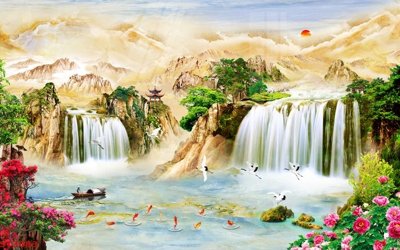 File in lụa Tranh sơn thủy thác nước phong thủy ST3083 (chất lượng cao) Tranh sơn thủy thác nước phong thủy ST3083