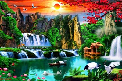 File tranh in tráng gương Tranh sơn thủy thác nước phong thủy ST3094 (siêu nét)