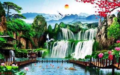 Tải file Tranh sơn thủy thác nước phong thủy ST3118 (gốc) làm tranh treo tường