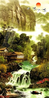 File tranh Tranh sơn thủy thác nước phong thủy ST3128 (gốc) in trên kính