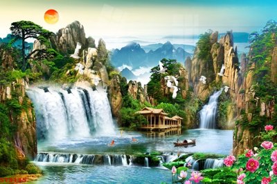 File PSD Tranh sơn thủy thác nước phong thủy ST3135 (bản gốc) độ phân giải cao