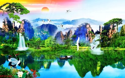 File PSD Tranh sơn thủy thác nước phong thủy ST3143 (bản gốc) chất lượng nhất