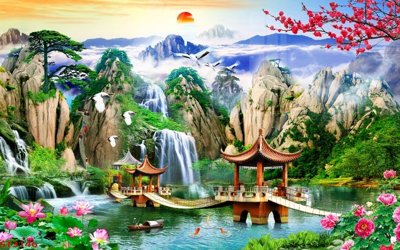 File gốc Tranh sơn thủy thác nước phong thủy ST3146 (cho in 3D) độc đáo