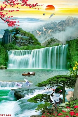 File tranh Tranh sơn thủy thác nước phong thủy ST3149 (file gốc) chủ đề phong thủy
