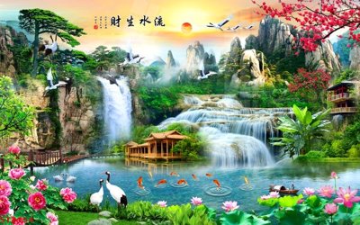 File gốc Tranh sơn thủy thác nước phong thủy ST3154 (in lụa) hoa văn cổ điển