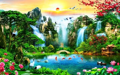 File gốc in ấn Tranh sơn thủy thác nước phong thủy ST3164 độ phân giải cao