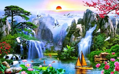 File tranh gốc in trần nhà Tranh sơn thủy thác nước phong thủy ST3168 3D