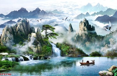 File gốc Tranh sơn thủy thác nước phong thủy ST3196 (PNG) chất lượng cao