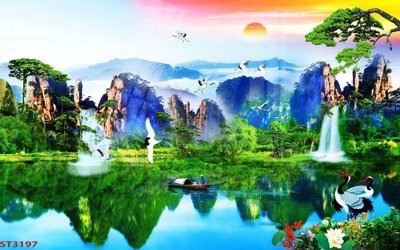File tranh Tranh sơn thủy thác nước phong thủy ST3197 (bản gốc) in lụa 3D
