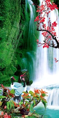 File tranh Tranh sơn thủy thác nước phong thủy ST3210 (gốc) in trên kính