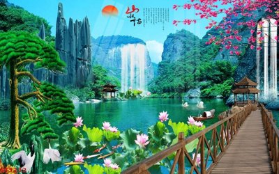 Ảnh gốc Tranh sơn thủy thác nước phong thủy ST3232 (độ nét cao) in tráng gương