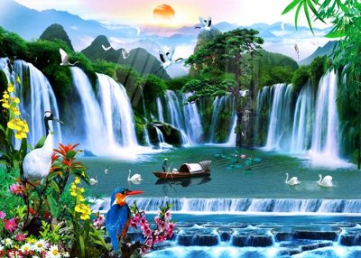 File in lụa Tranh sơn thủy thác nước phong thủy ST3249 (chất lượng cao) Tranh sơn thủy thác nước phong thủy ST3249