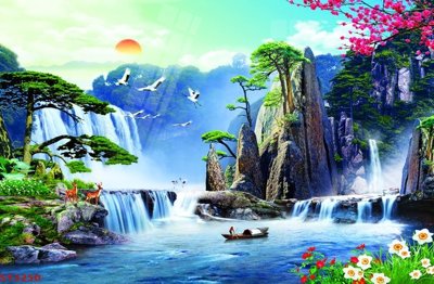 File gốc Tranh sơn thủy thác nước phong thủy ST3250 (vector) cho in ấn