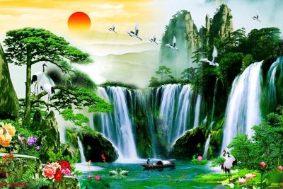 Tải file Tranh sơn thủy thác nước phong thủy ST3269 (gốc) in ấn chất lượng