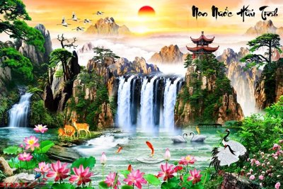 File gốc in ấn Tranh sơn thủy thác nước phong thủy ST3271 độ phân giải cao