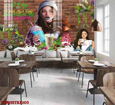 File tranh gốc File tranh dán tường quán trà sữa TSthietke103 (sắc nét từng chi tiết)