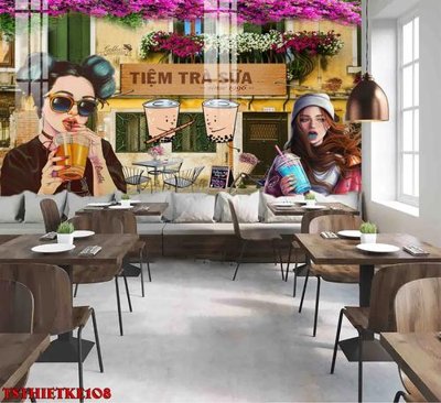 Ảnh gốc File tranh dán tường quán trà sữa TSthietke108 (độ nét cao) in tráng gương