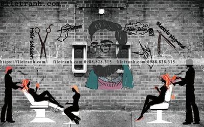 File tranh gốc in trần nhà Tranh dan tuong Tiem cat toc barber 101 3D