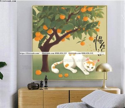 File tranh tranh con meo duoi goc cay dep 500 (bản gốc) in lụa dán tường