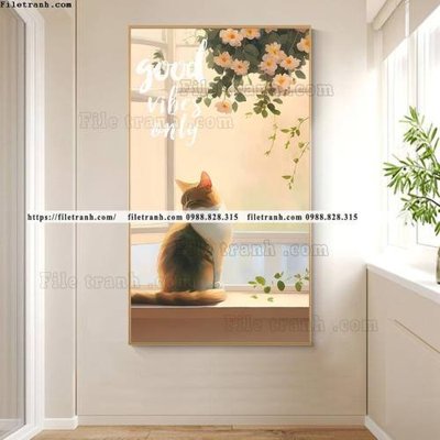 Tải file tranh con meo ve tay ben cua so 528 (gốc) in tranh tráng gương