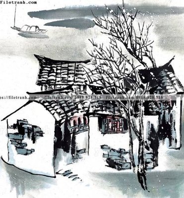 File gốc tranh ve thi tran giang nam 749 (in lụa) họa tiết 3D