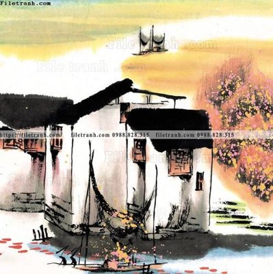 File tranh tranh ve thi tran giang nam 874 (bản gốc) in lụa dán tường